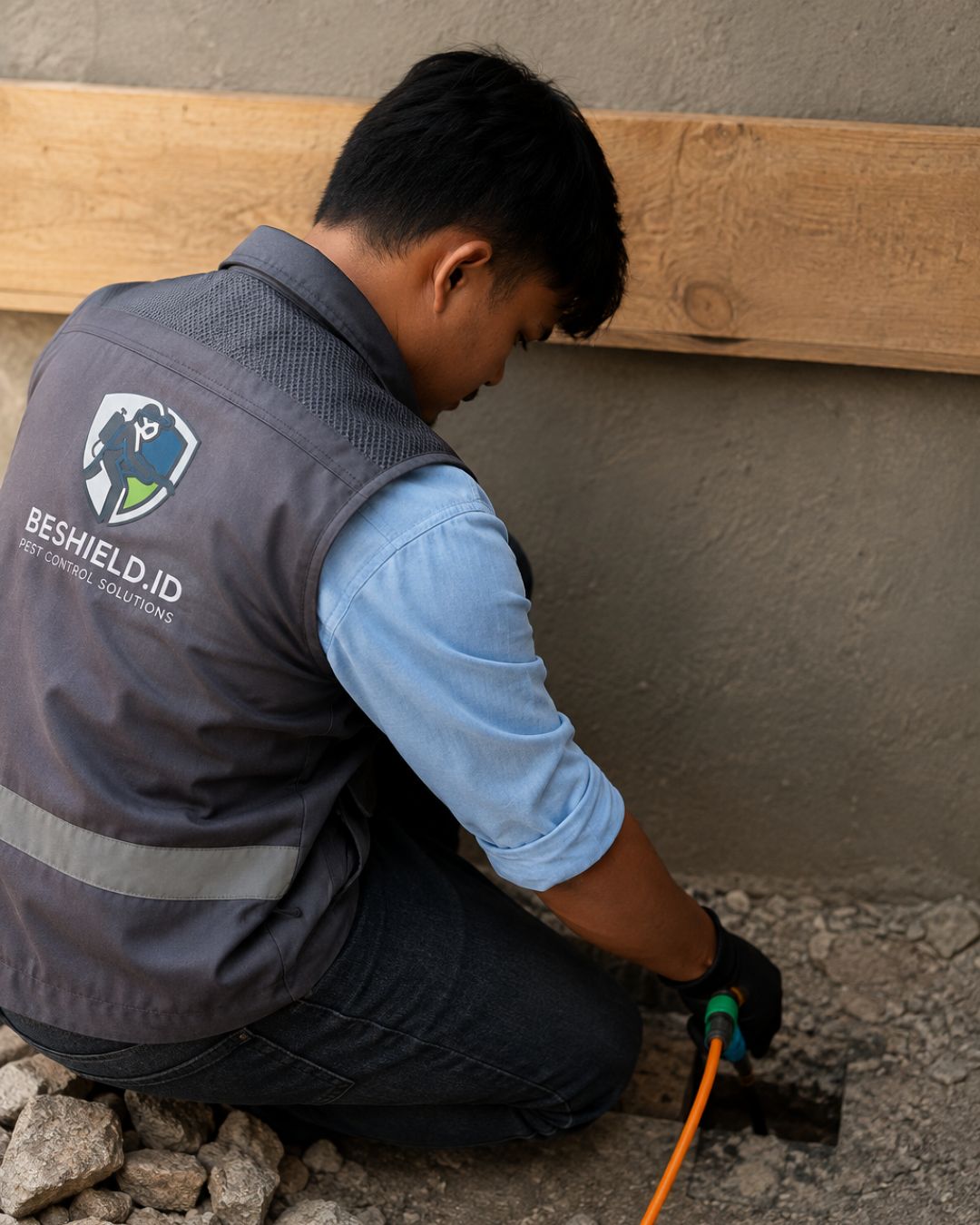Teknisi Beshield sedang treatment rumah